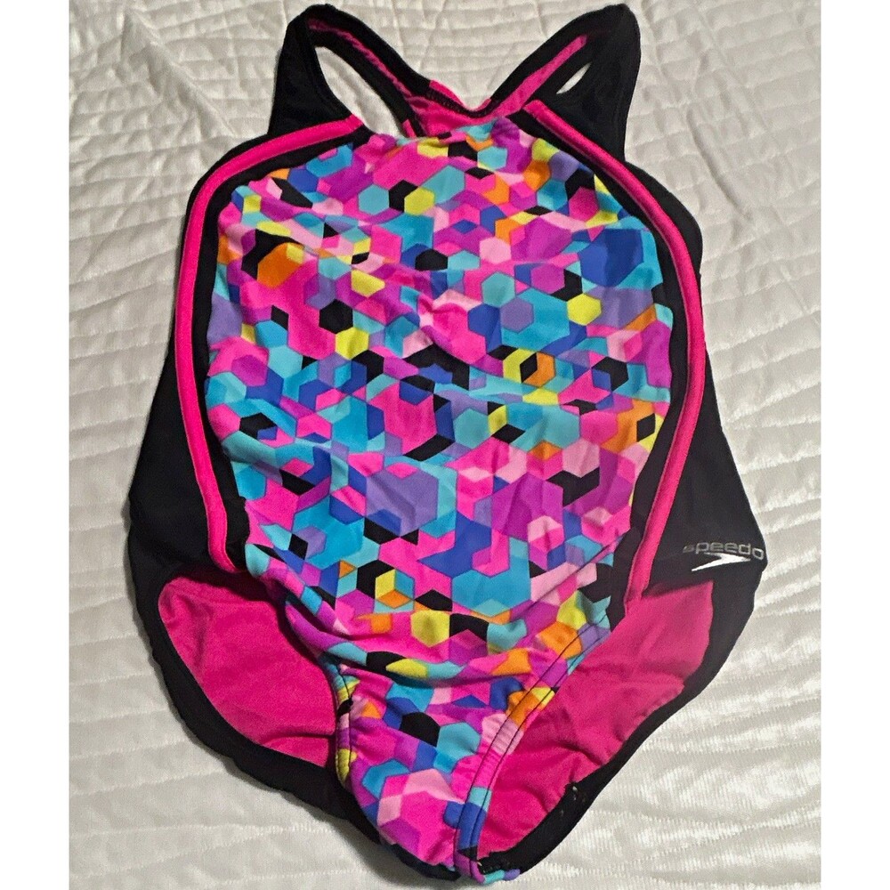 Speedo Girls One Piece Swimsuit Size 10 Regular Geometric Multicolor Black Pink